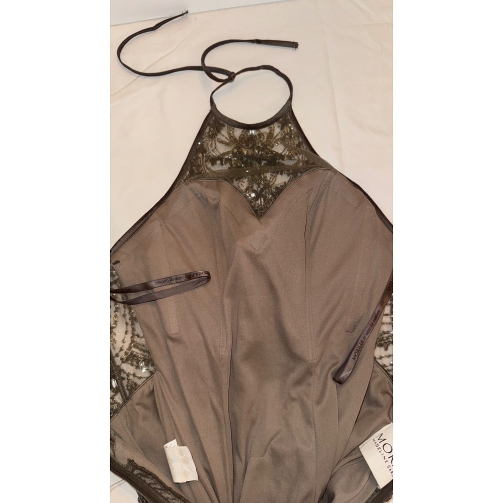 Morilee Madeline Gardner Taupe Formal Beaded Gown Halter Dress‎ Sz 6 Black Tie - Picture 9 of 16